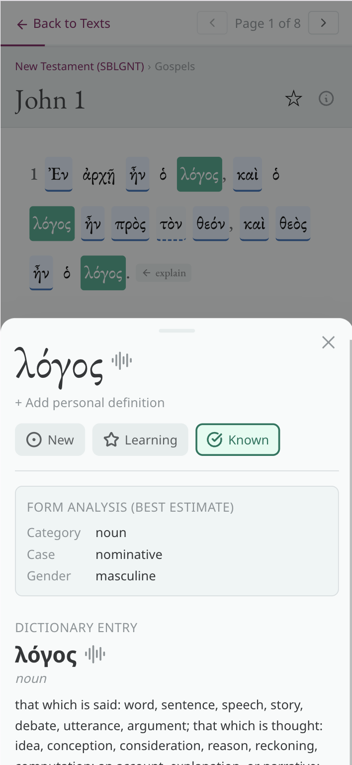 Kevilex reader on mobile showing a Greek text with a clicked word